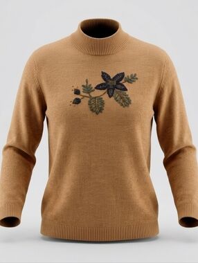 Vintage Haggar For Her Tan Crewneck Casual Sweater with Floral Embroidery Size M